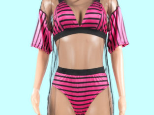 Rose Red Striped Bra Bikini Mesh Cover Up Three Pc