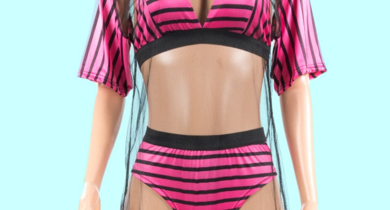 Rose Red Striped Bra Bikini Mesh Cover Up Three Pc