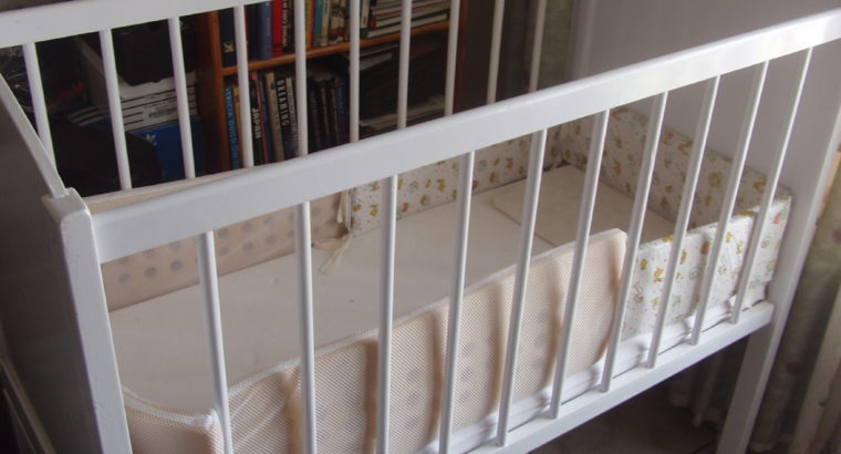Baby Cot Complete -wooden – with mattress, bumper pads