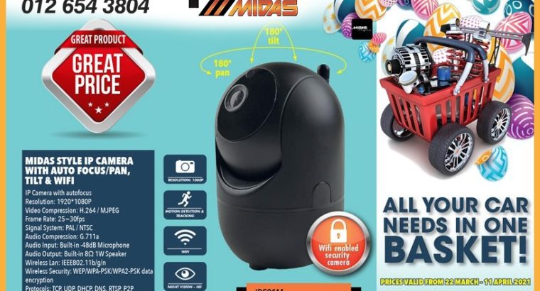 Midas Style IP Camera with Auto Focus/Pan, Tilt & WIFI