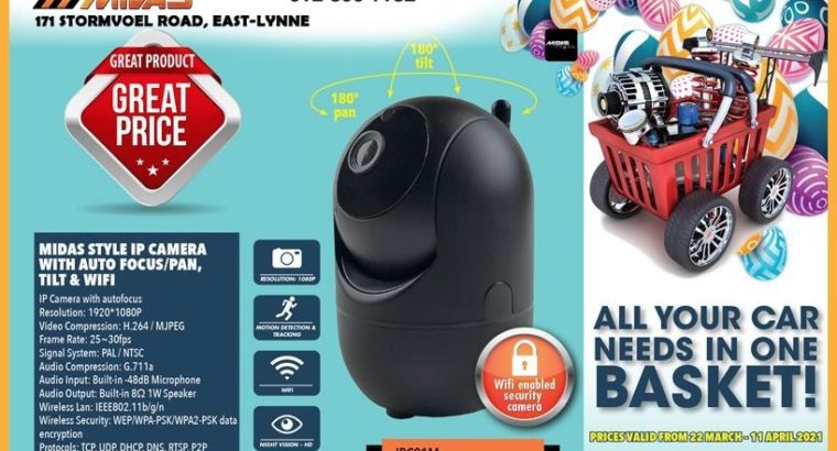 Midas Style IP Camera with Auto Focus/Pan, Tilt & WIFI