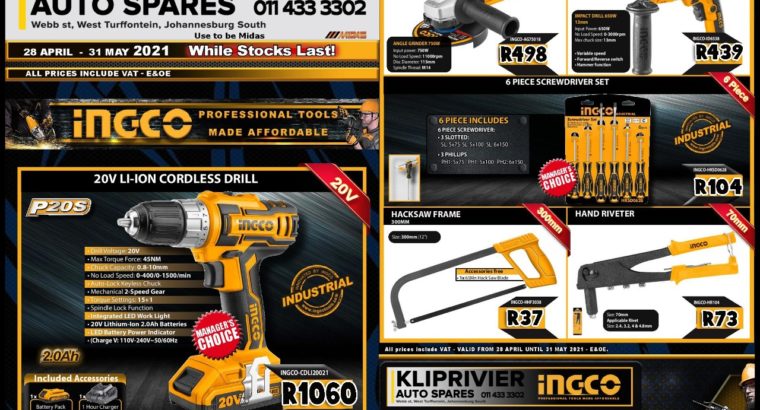 INGCO Tools SALE now on at Kliprivier AUTO Spares!