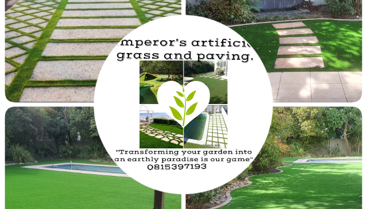 Artificial grass and paving.