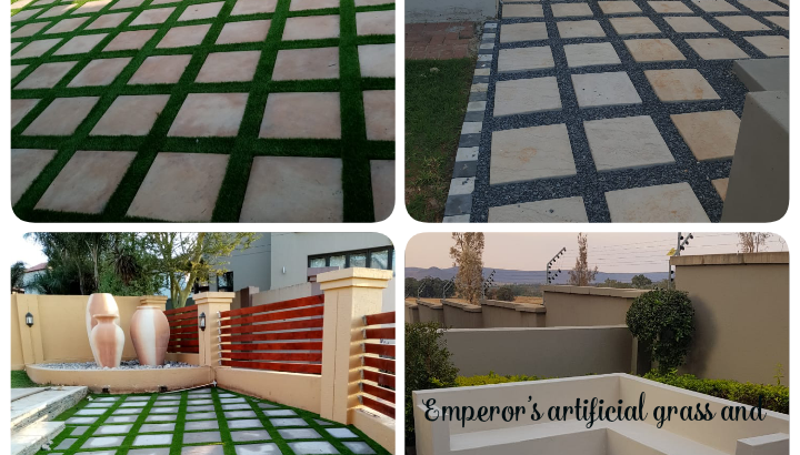 Artificial grass and paving.