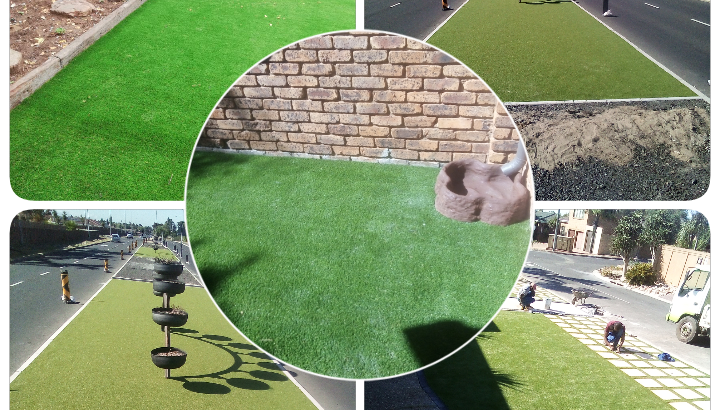 Artificial grass and paving.