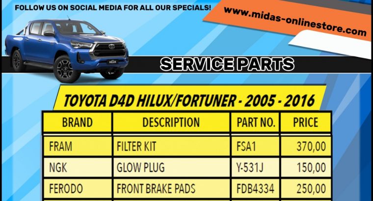 Toyota D4D Hilux/Fortuner – 2005 – 2016 Service Parts!