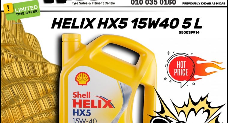 Shell Helix HX5 15W40 5L ONLY R230 at Wheel Wise Kliprivier!