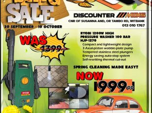 Ryobi 1200W High-Pressure Washer 100 Bar ONLY R999!