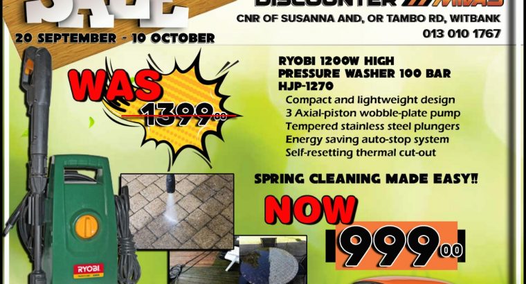Ryobi 1200W High-Pressure Washer 100 Bar ONLY R999!