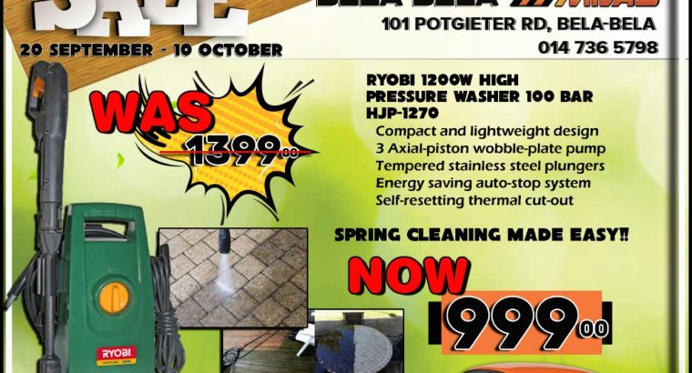 Ryobi 1200W High-Pressure Washer 100 Bar ONLY R999!