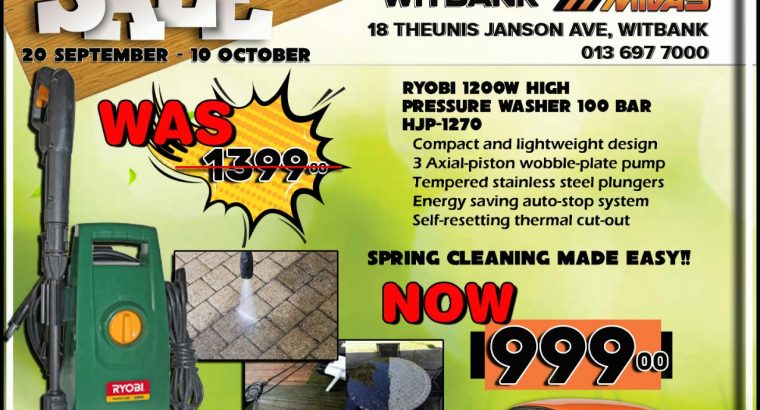 Ryobi 1200W High-Pressure Washer 100 Bar ONLY R999!