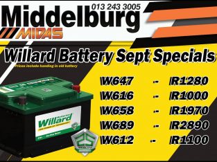 Willard Battery September Specials now on at Middelburg Midas!