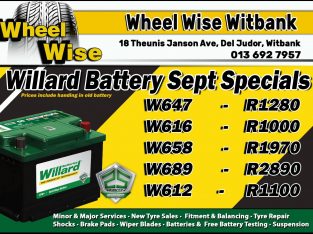 Willard Battery September Specials now on at Wheel Wise Witbank!