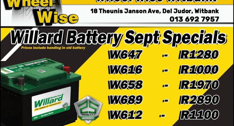 Willard Battery September Specials now on at Wheel Wise Witbank!