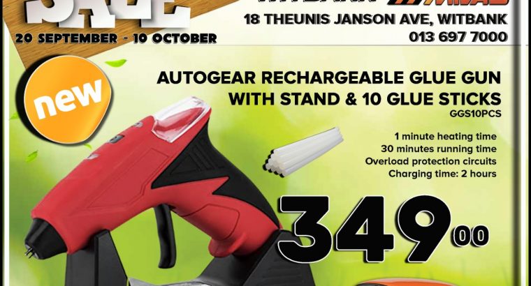 AutoGear Rechargeable Glue Gun & 10 Glue Sticks ONLY R349!