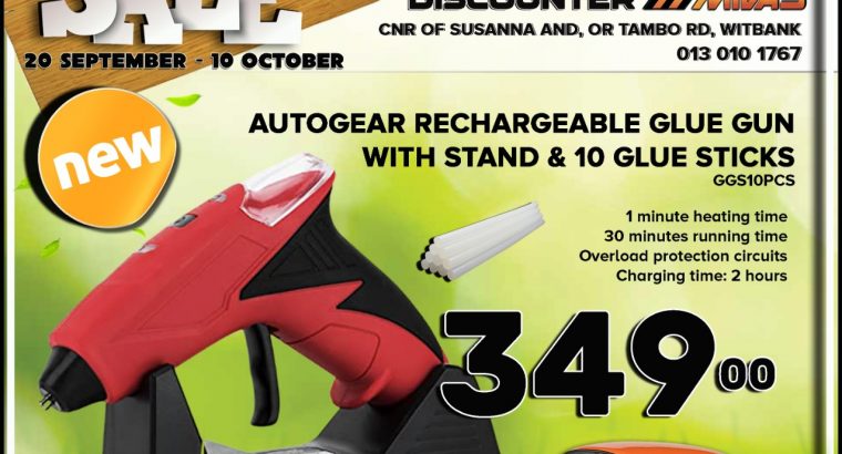 AutoGear Rechargeable Glue Gun & 10 Glue Sticks ONLY R349!