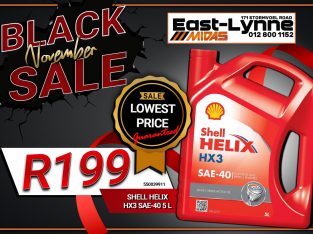 Get Shell Helix HX3 SAE-40 5L for ONLY R199 at East-Lynne Midas!