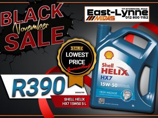 Get Shell Helix HX7 15W50 5L for ONLY R390 at East-Lynne Midas!