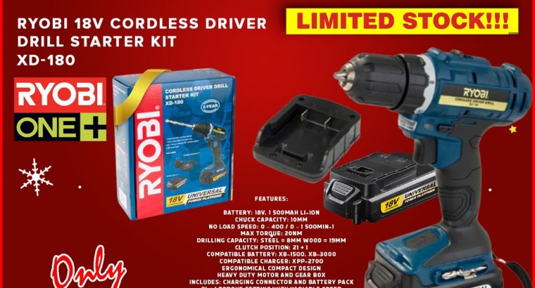 Ryobi 18V Cordless Driver Drill Starter Kit for ONLY R999!