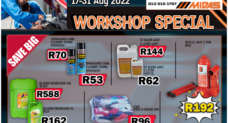 Workshop Specials 17-31 August 2022 Discounter Midas!