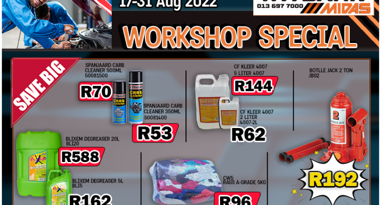 Workshop Specials 17-31 August 2022 Witbank Midas!
