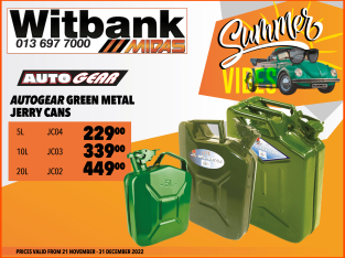 SAVE BIG on Autogear Green Metal Jerry Cans at Midas Witbank!