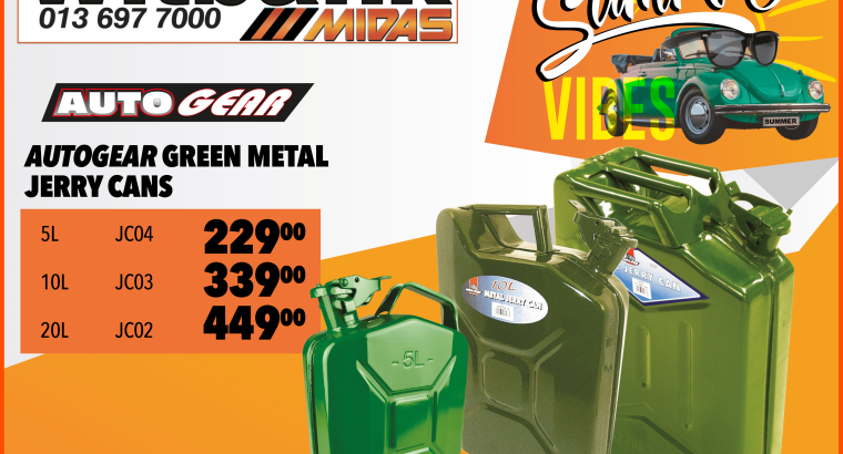 SAVE BIG on Autogear Green Metal Jerry Cans at Midas Witbank!