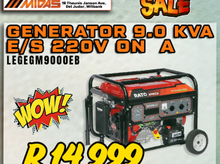 Generator 9.0 KVA E/S 220V on wheels ONLY R14 999!