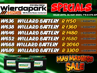 Willard Batteries Specials! Valid until 31 May 2023.